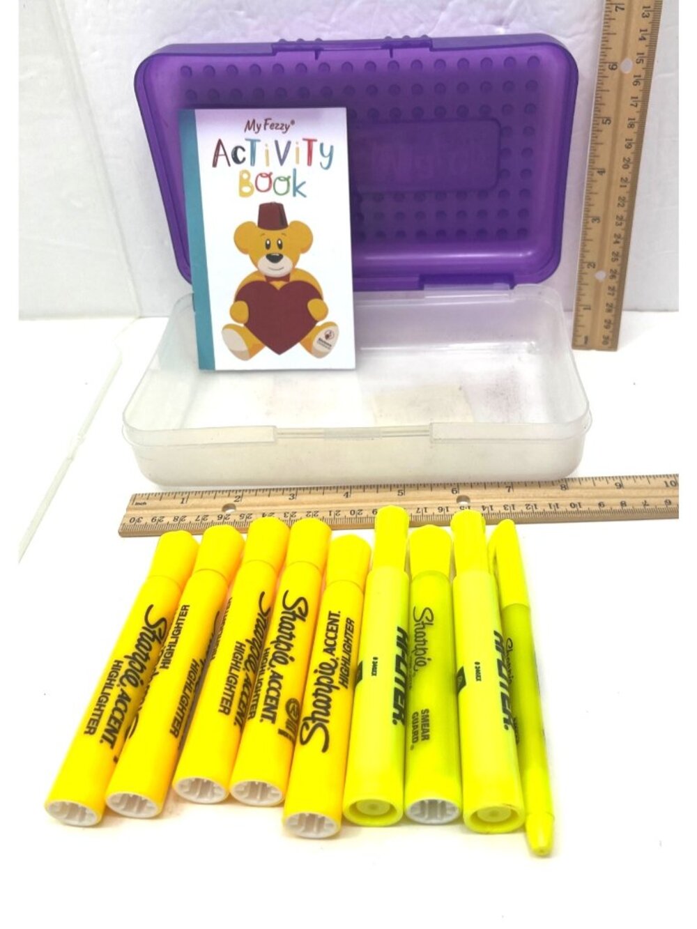 Plastic Spacemaker Pencil Box Purple W/ Sharpie Highlighters Set & Activity Book